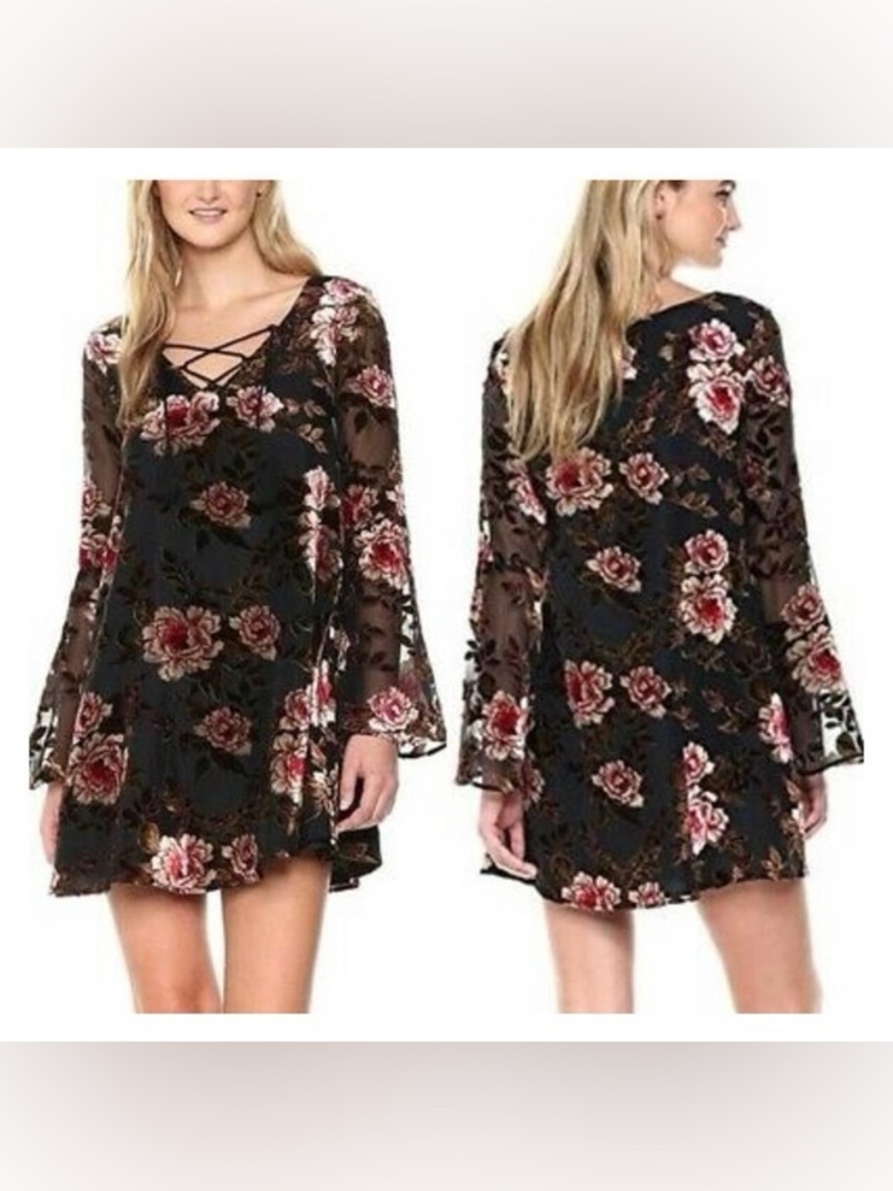 cupcakes & cashmere Valda velvet burnout bell sleeve dress